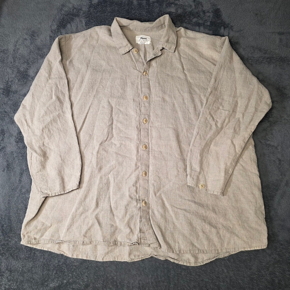 FLAX Linen Shirt Womens 3X 100% Linen Button Down Oatmeal Beige Minimalist